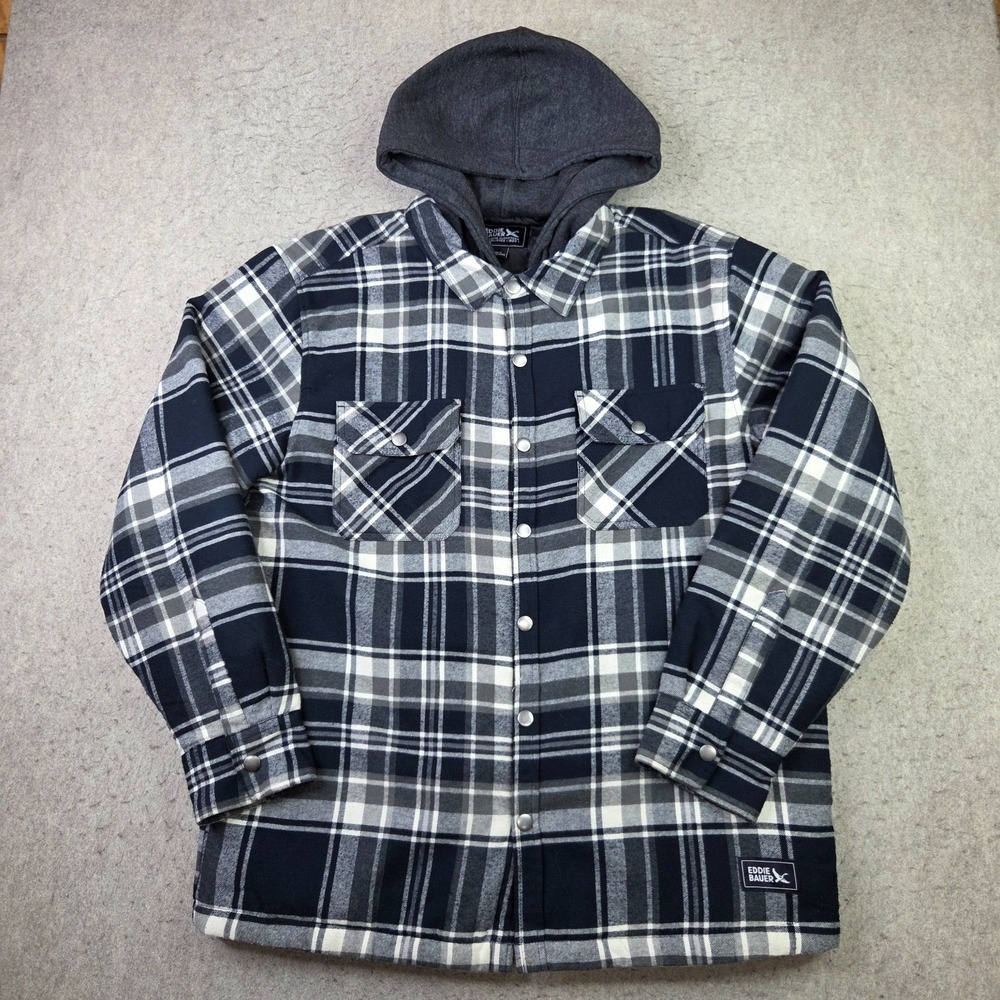 Eddie Bauer Hooded Shacket Men's L Blue Plaid Quilt Lined Full Zip Snap NEW